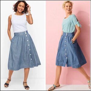 Talbots Soft Blue Denim Midi Skirt A Line Chambray Button Front size 14